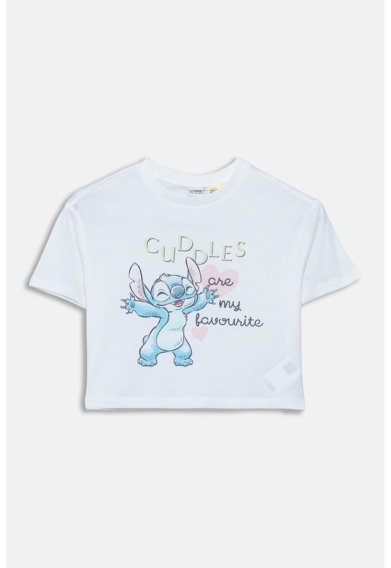 Tricou crop cu imprimeu cu Stitch - Albastru pastel