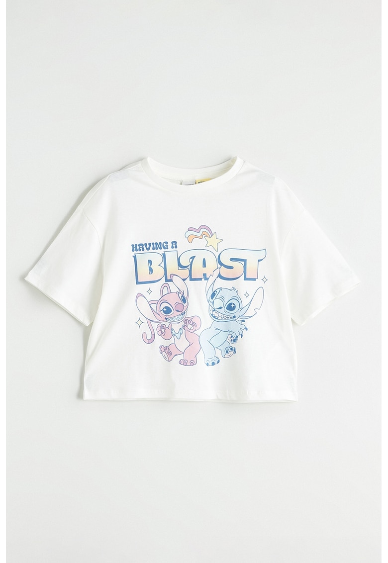 Tricou crop cu imprimeu cu Stitch And Angel - Albastru pastel/Alb murdar