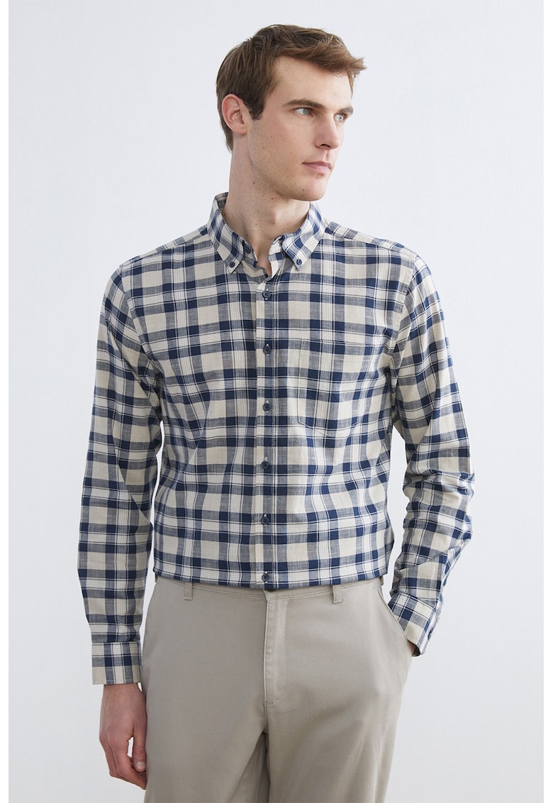 Camasa regular fit cu model in carouri - Alb murdar/Bleumarin