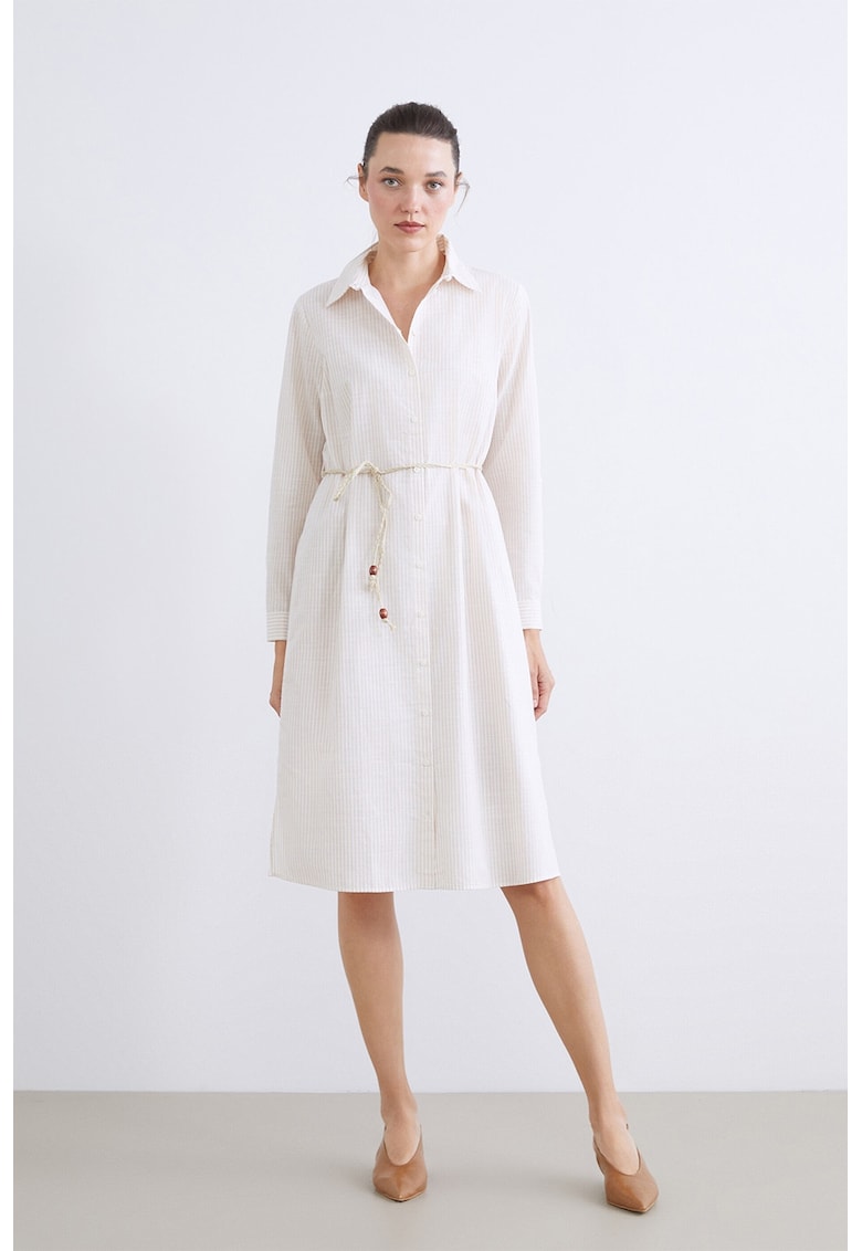 Rochie-camasa cu model in dungi si guler clasic - Crem
