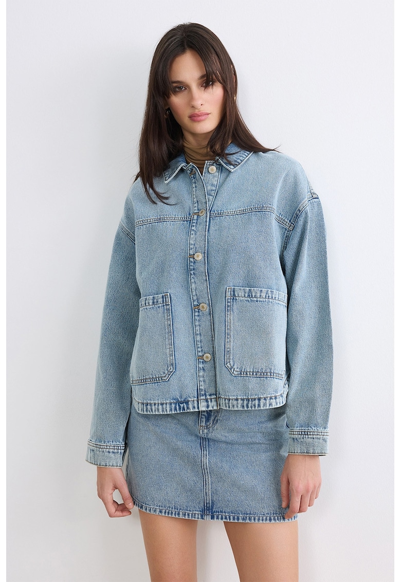 Jacheta-camasa din denim cu maneci cazute - Albastru azur