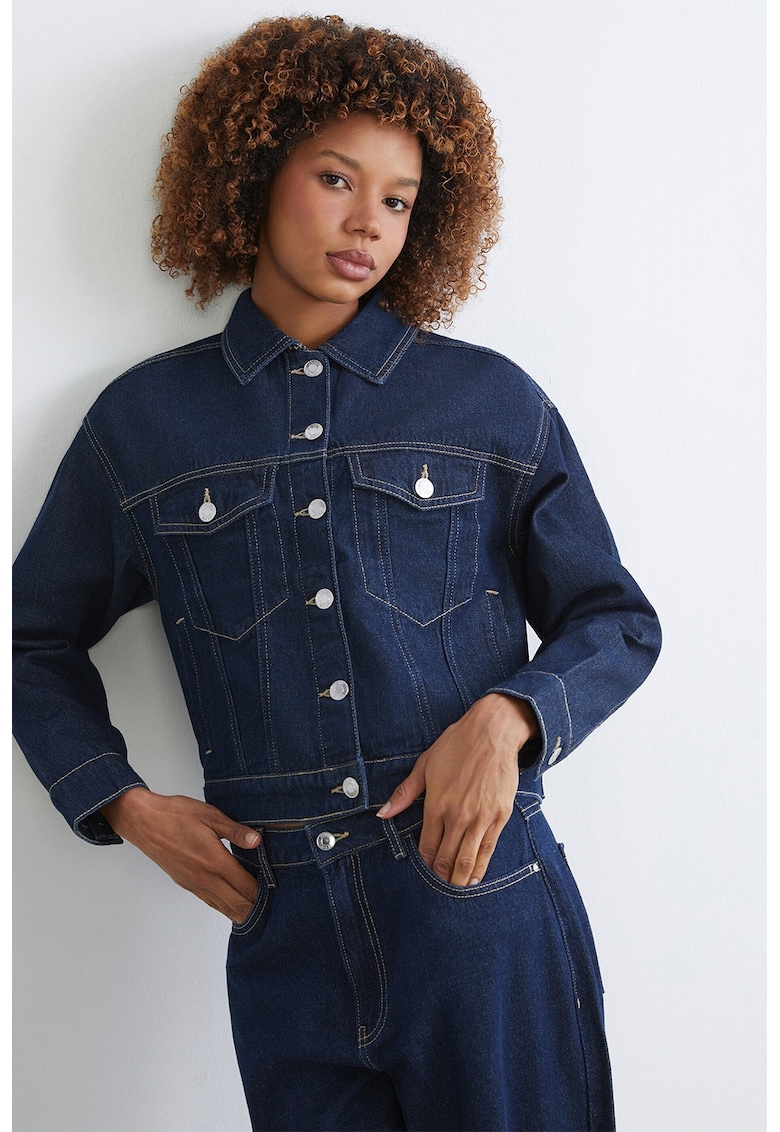 Jacheta din denim cu buzunare cu clapa - Albastru inchis