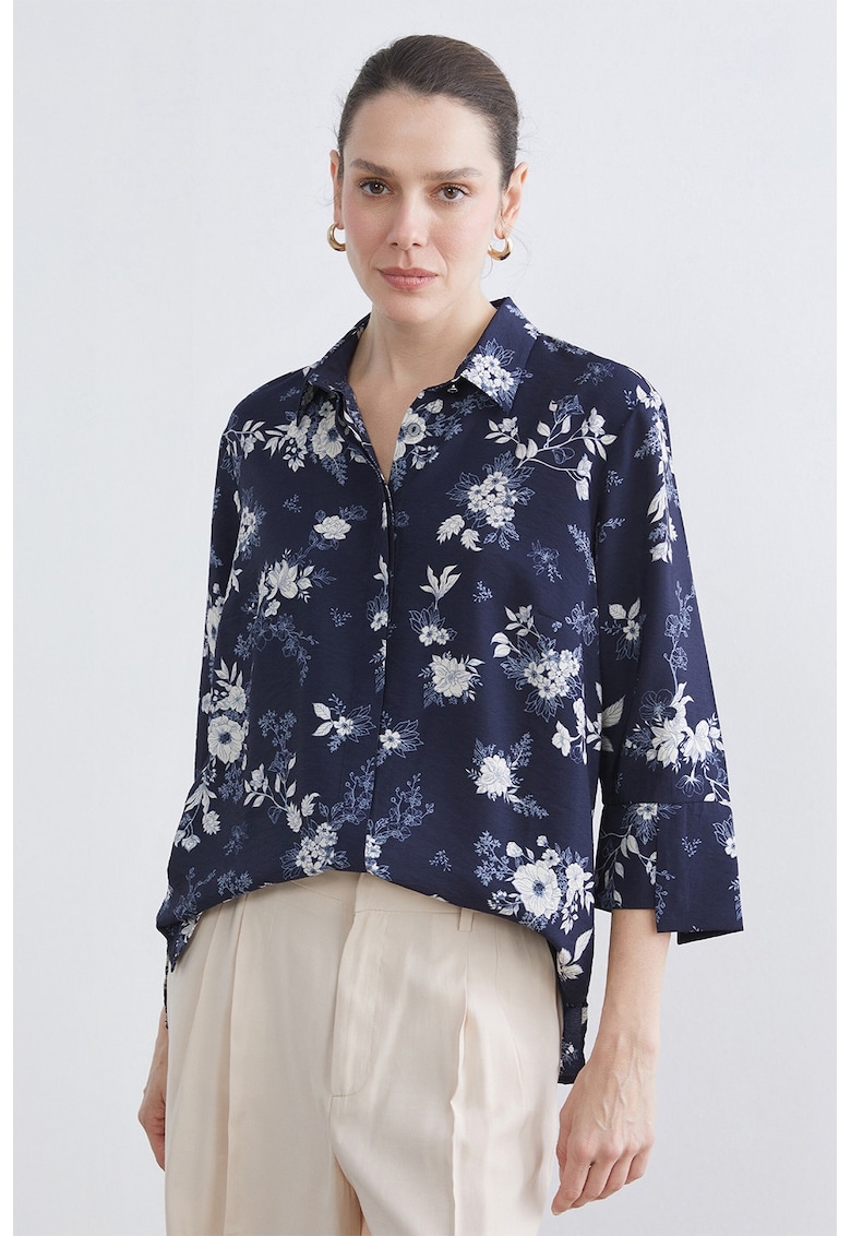 Camasa cu nasturi si imprimeu floral - Alb optic/Bleumarin