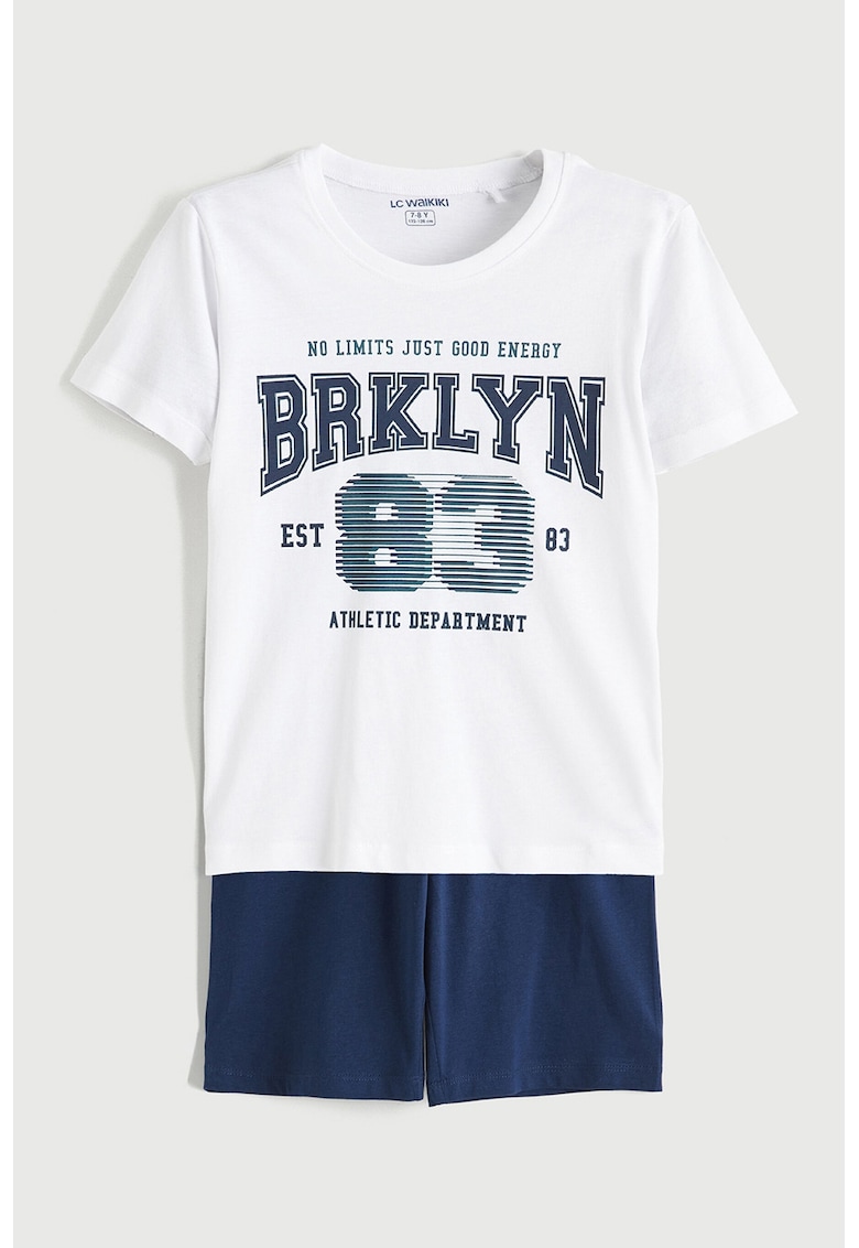 Pijama scurta din bumbac cu imprimeu text - Albastru inchis/Alb optic/Albastru petrol