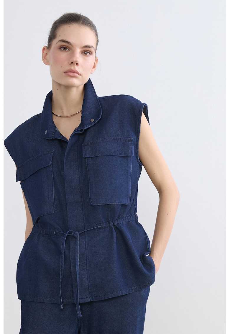Jacheta din denim cu maneci scurte si snur de ajustare in talie - Bleumarin