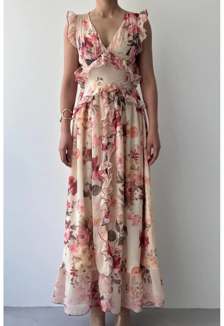 Rochie Midi Florala cu Volane Multicolor - Bumbac - Poliester - Elastan