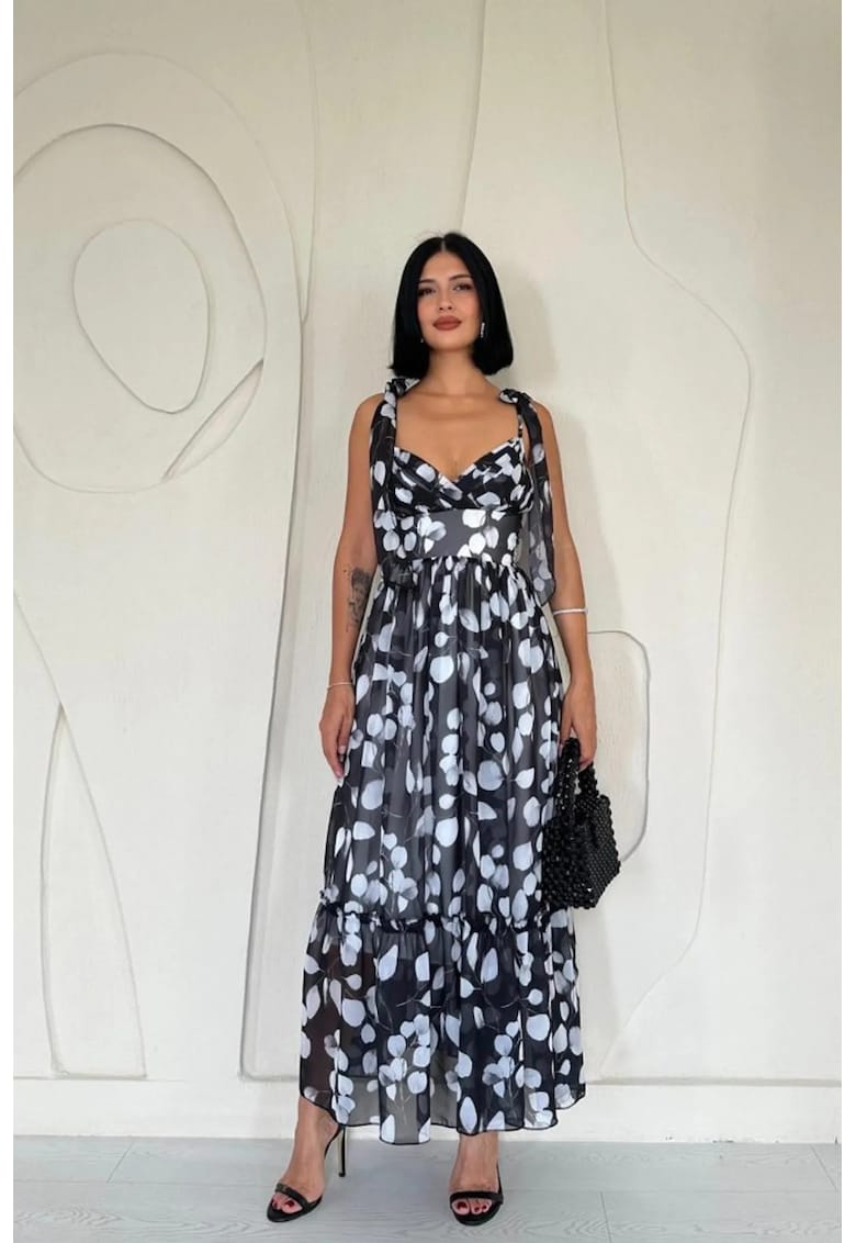 Rochie midi cu drapaj floral - neagra - bumbac - poliester - elastan