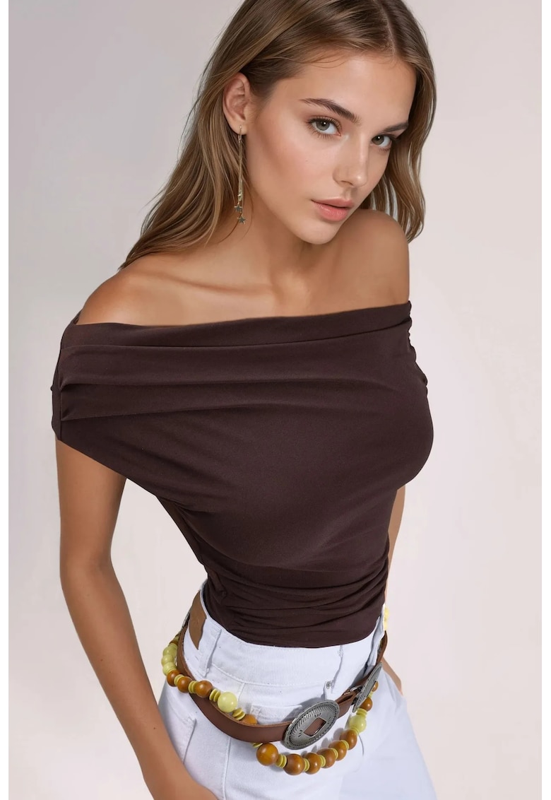 Bluza dama - cu guler asimetric - umeri goi - maro - jerseu