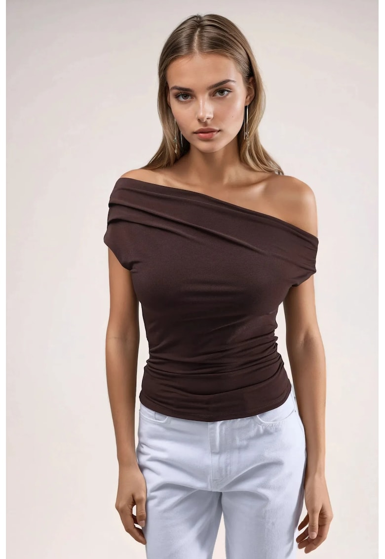Bluza dama - cu guler asimetric - umeri goi - maro - jerseu