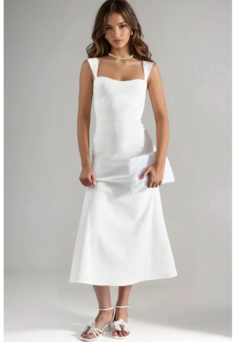 Rochie Midi A-Line Alb - bumbac-poliester-elastan