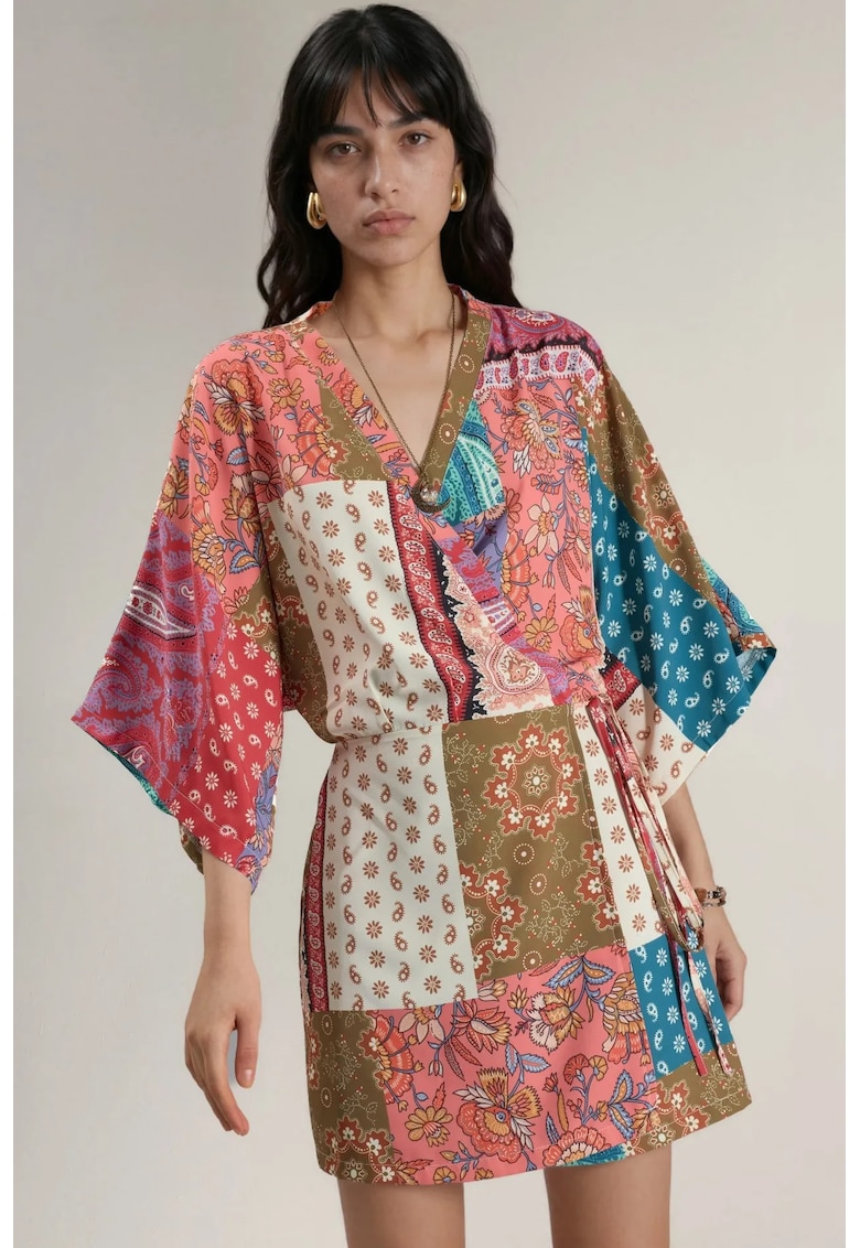 Rochie Midi - Imprimeu Etnic - Maneci Trei Sferturi - Multicolor - Poliester