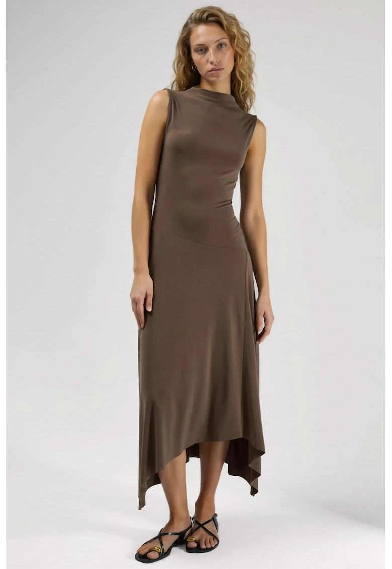 Rochie midi asimetrica maro - jerseu - fara maneci - guler rotund - poliester/elastan
