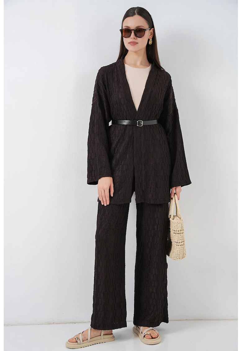 Costum dama - set kimono-pantaloni - texturat - maro - textil