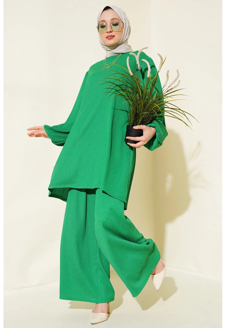Compleu dama - set - tunica texturata cu maneca lunga si pantaloni cu picior larg - verde - poliester si lycra
