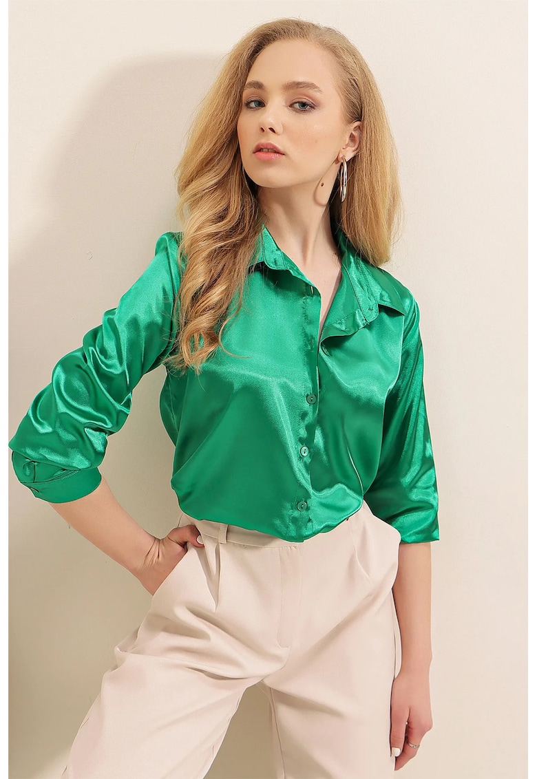 Camasa satin - cu maneca lunga - verde - poliester