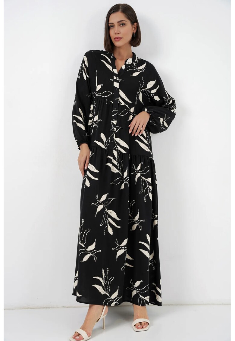 Rochie maxi imprimeu - decolteu in V - negru/alb