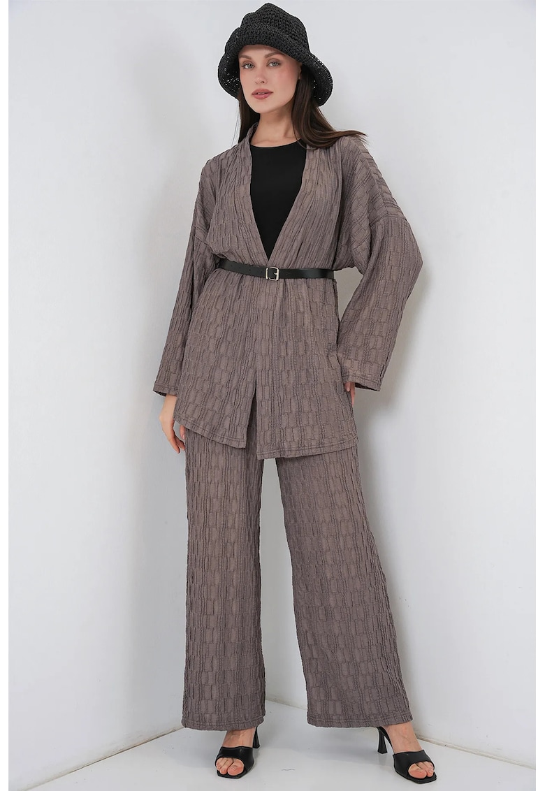 Set Compleu Dama - Kimono-Pantaloni Texturati - Gri inchis - Textil