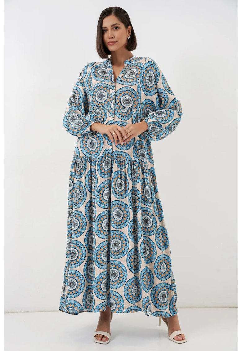 Rochie maxi imprimeu - decolteu in V - multicolor