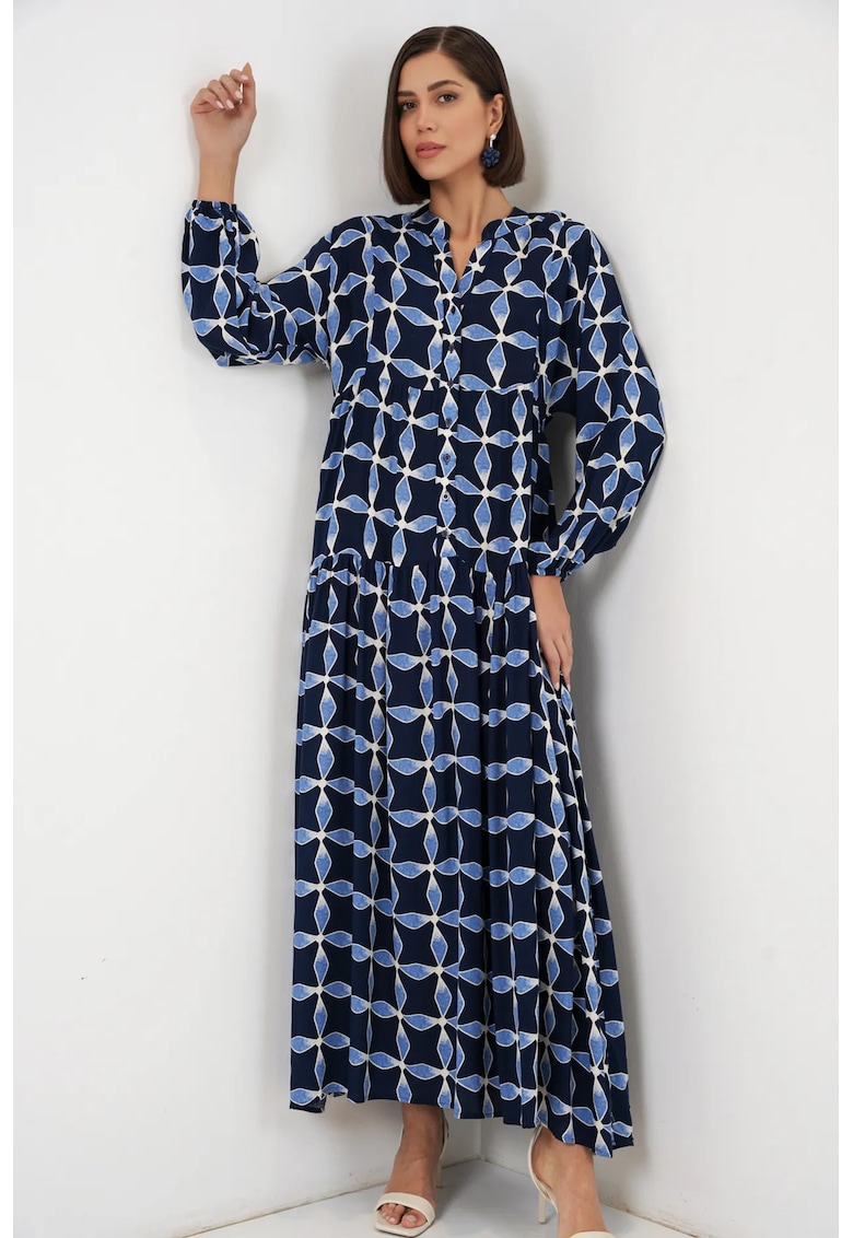Rochie maxi imprimeu - decolteu in V - bleumarin