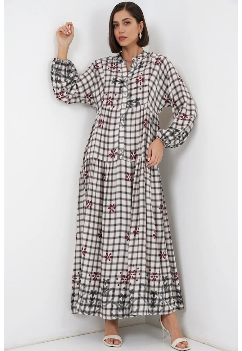 Rochie maxi imprimata - decolteu in V - gri - inchidere cu nasturi