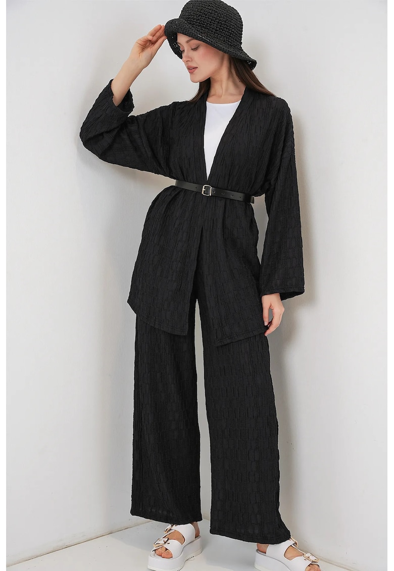 Compleu dama - set kimono-pantaloni - negru - textil