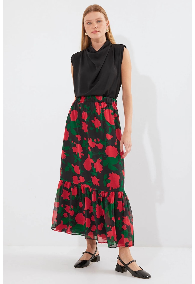 Fusta Maxi imprimeu floral - negru - textil