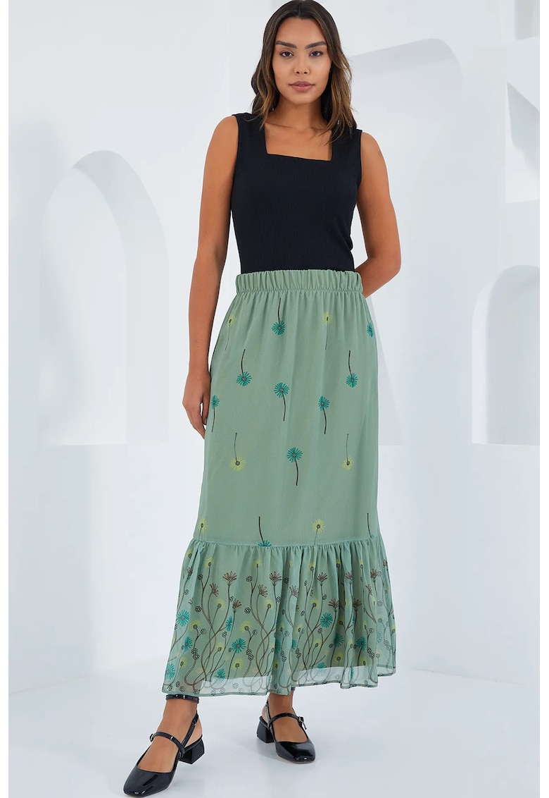 Fusta maxi imprimeu floral - verde pin - textil