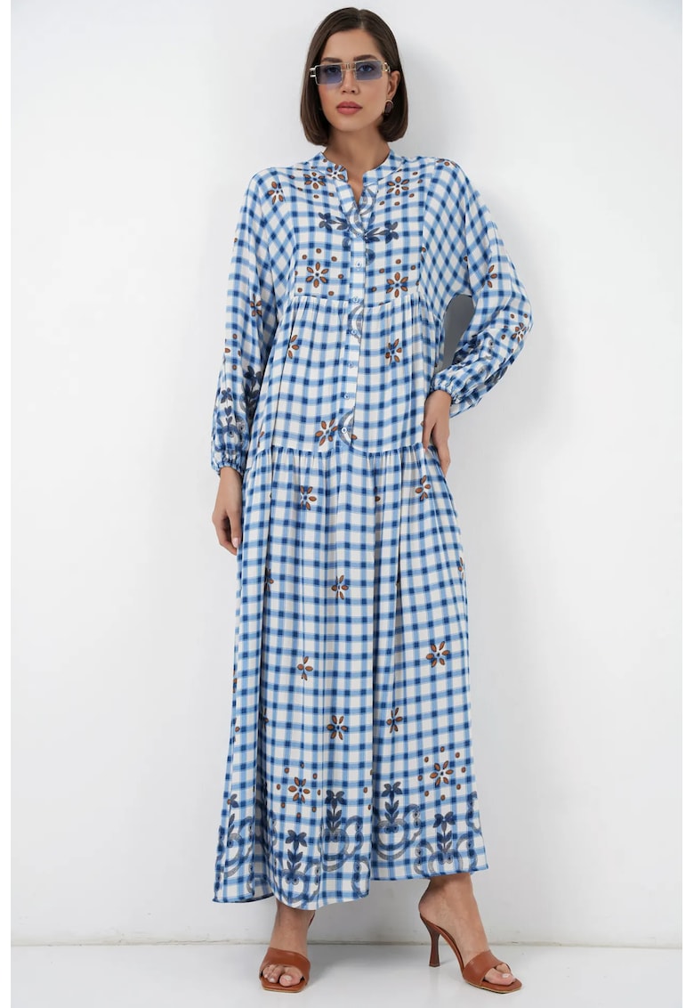 Rochie maxi imprimeu - decolteu in V - albastru - alb