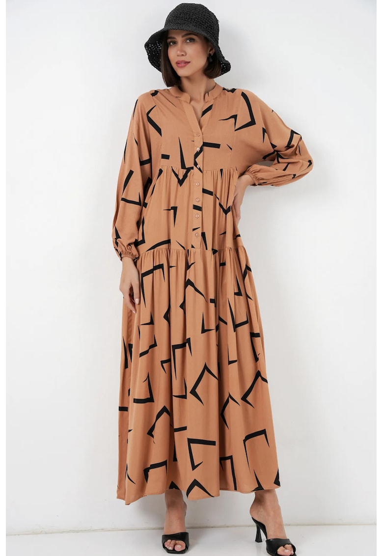 Rochie maxi imprimata - decolteu in V - bej natural - cu inchidere cu nasturi