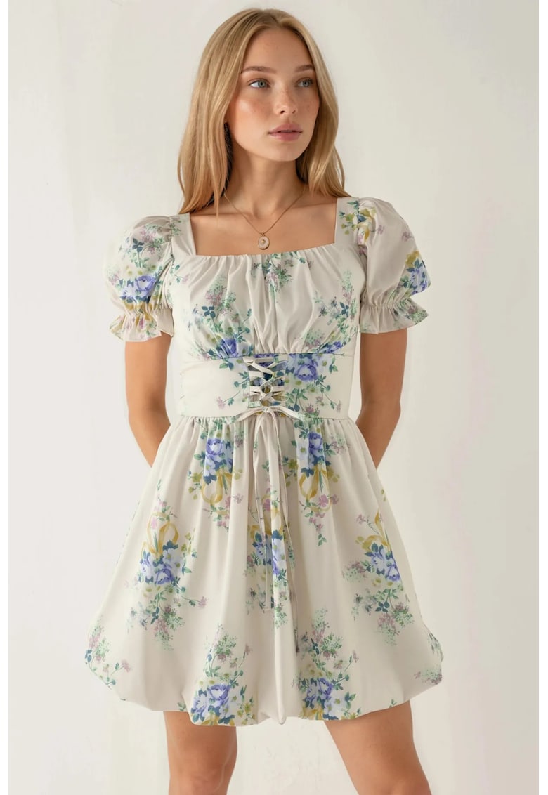 Rochie mini A-line floral cu detaliu corset - alb - poliester-lycra