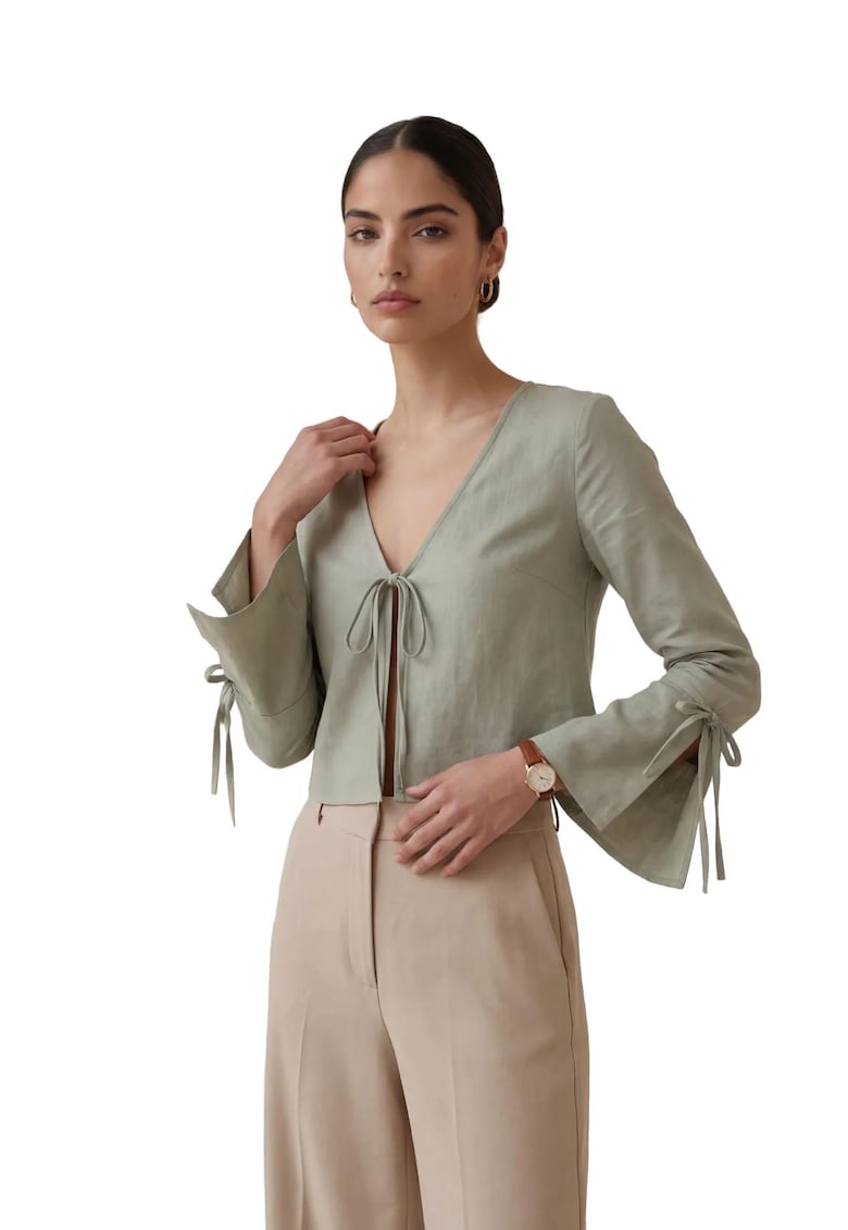 Camasa dama - din in cu decolteu in V si detaliu cu nod - verde salvie - 90% bumbac - 10% in