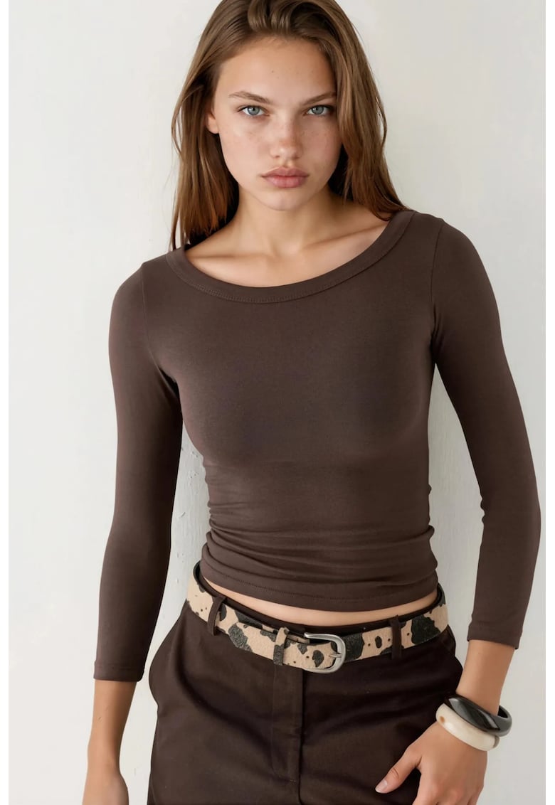 Bluza dama guler rotund - maneca lunga - maro - jerseu bumbac-polietser