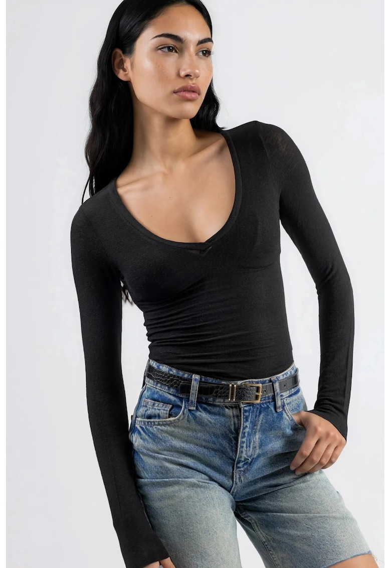 Bluza dama - maneca lunga - decolteu in V - negru - jerseu bumbac