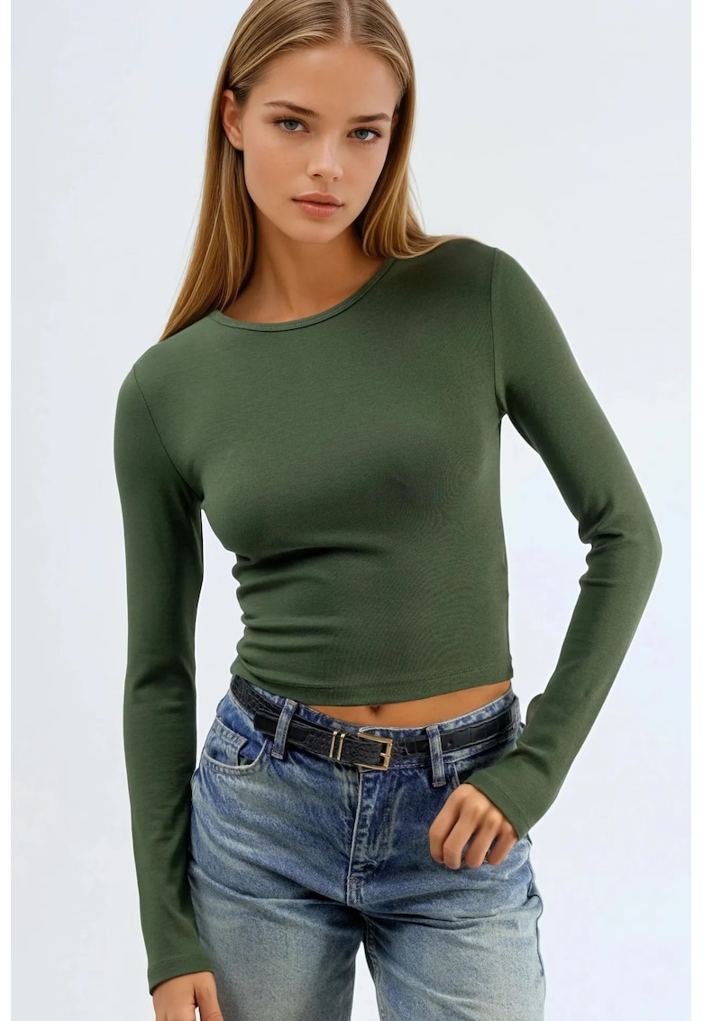 Bluza dama - maneca lunga - guler rotund - verde kaki - bumbac-elastan