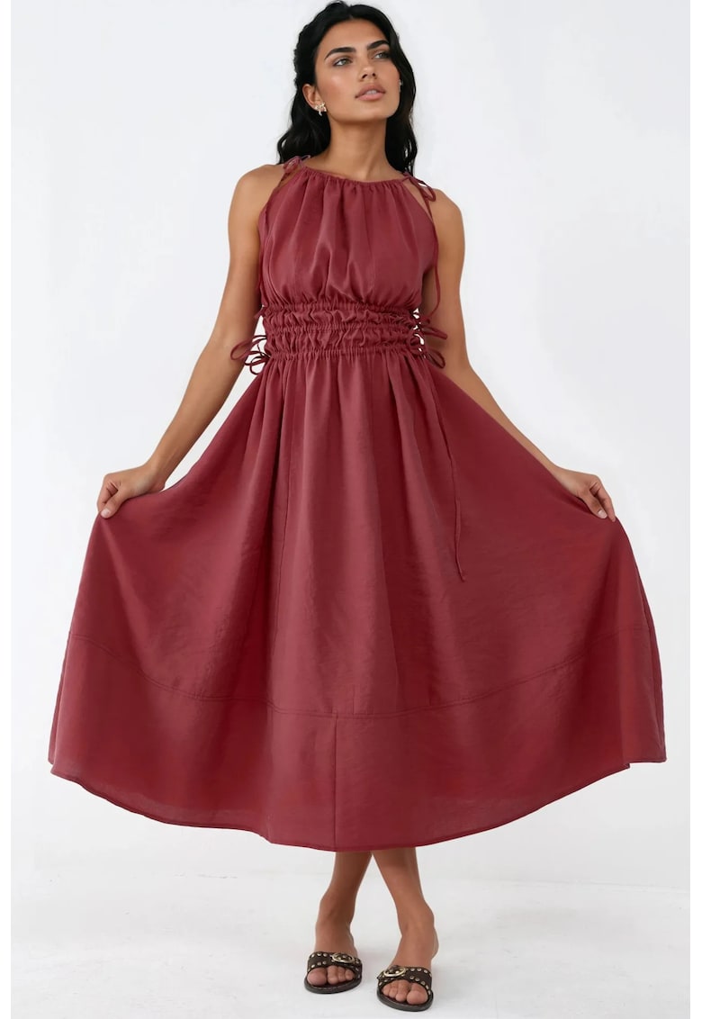 Rochie lunga detalii elastice - rosu - modal-poliester