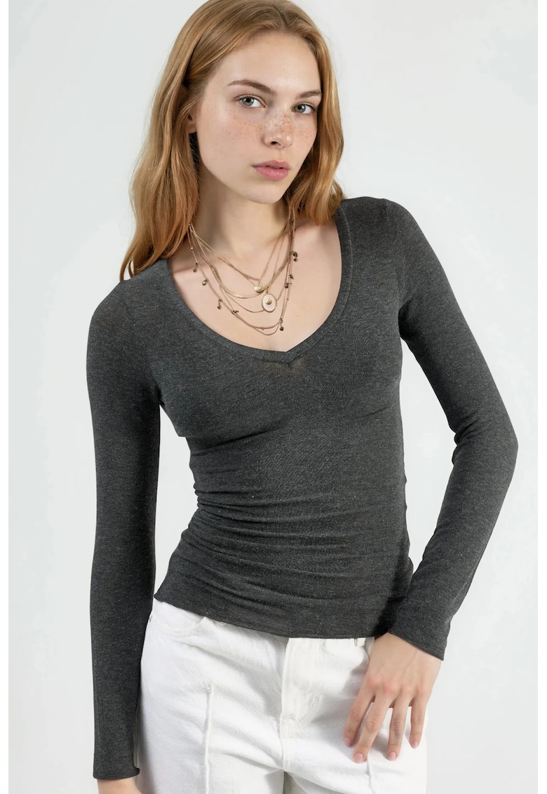 Bluza dama - maneca lunga - decolteu in V - gri