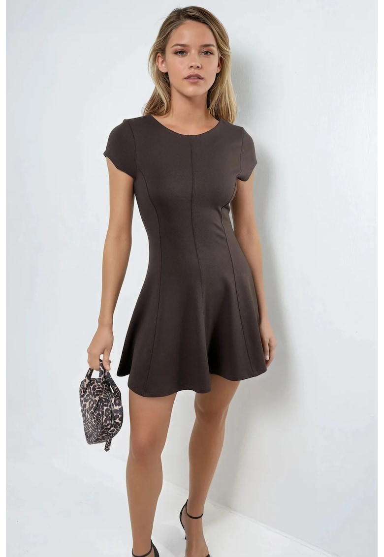 Rochie scurta A-Line - maneca scurta - maro cafea - jerseu