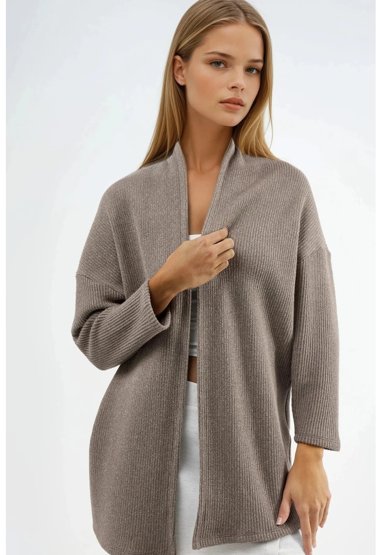 Cardigan lung tricotat maro natural - bumbac si poliester - pentru femei