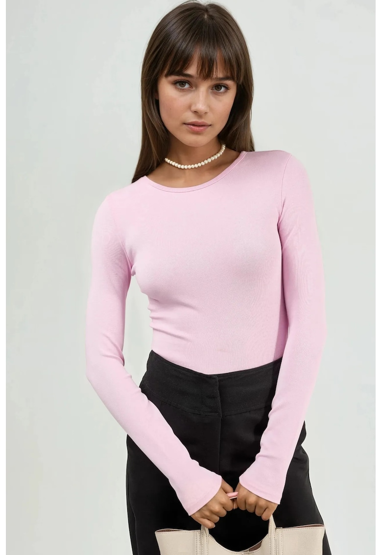 Bluza dama - maneca lunga - guler rotund - roz - bumbac