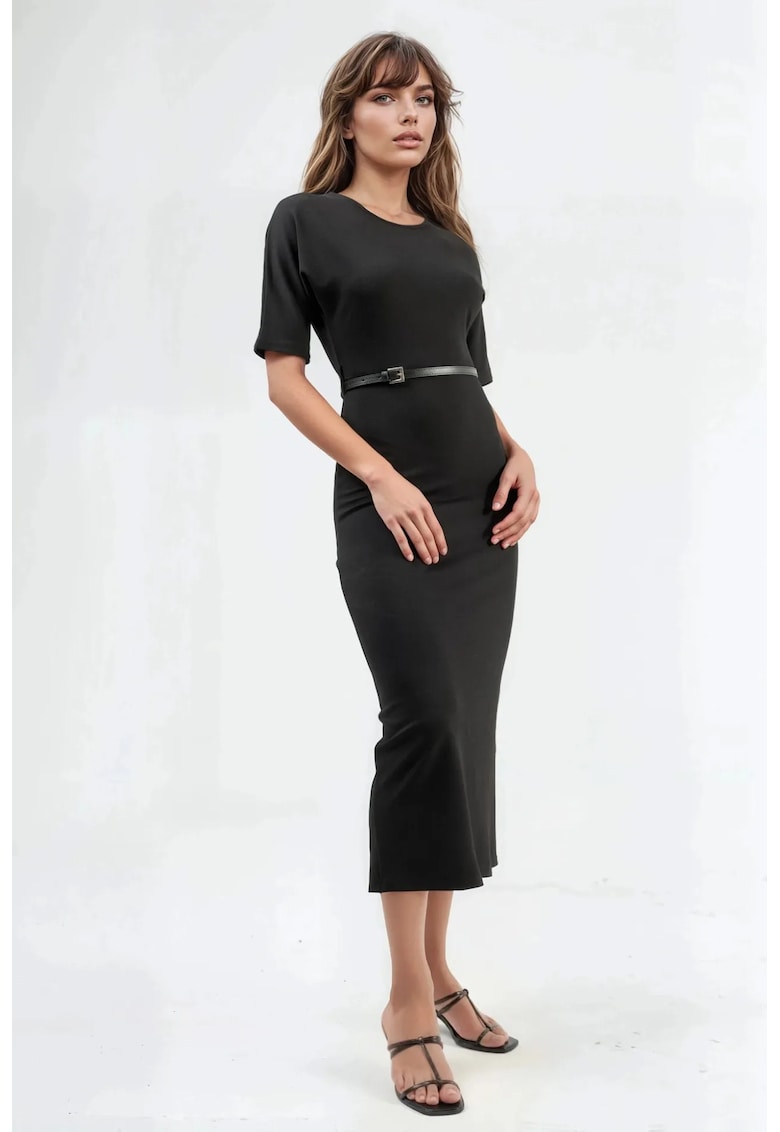 Rochie Midi - cu Maneci Scurte - Cordon - Negru - Viscoza-Poliester-Elastan