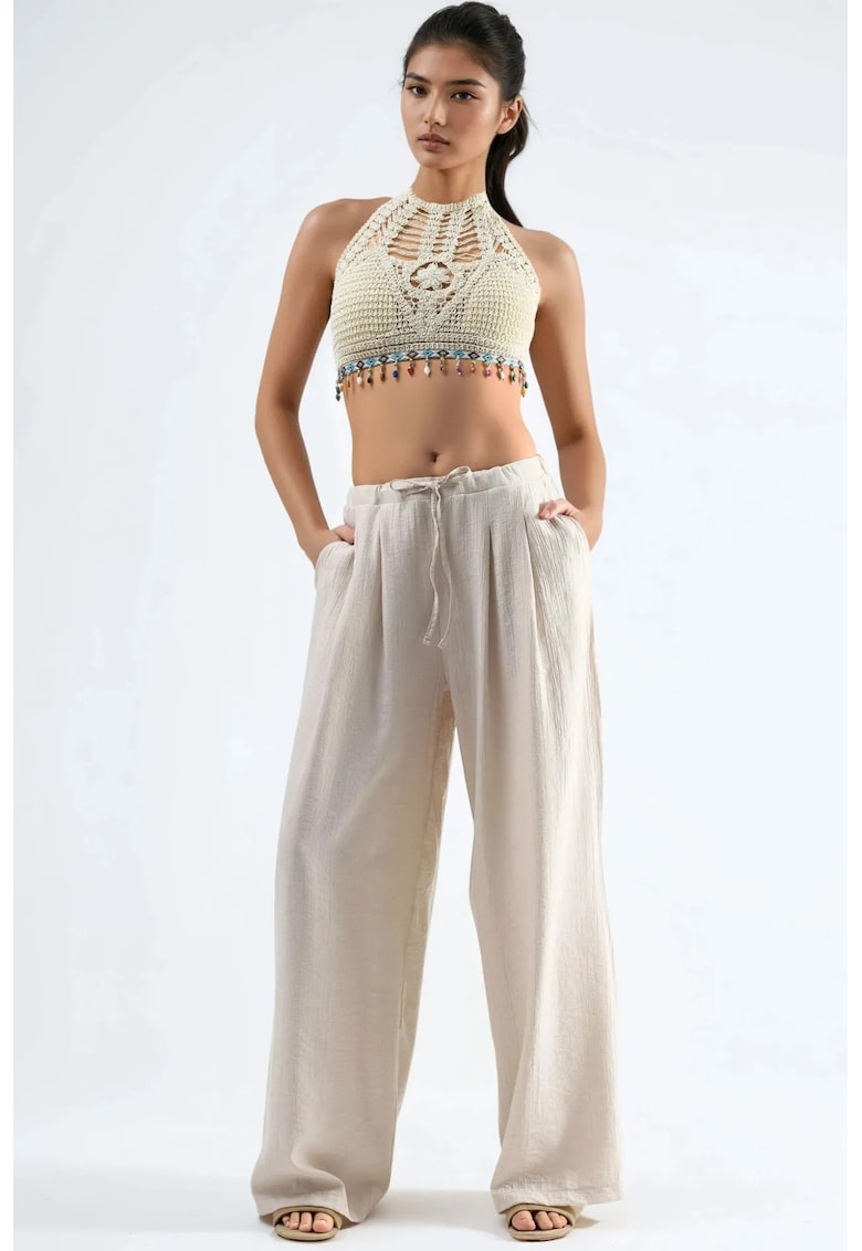 Pantaloni dama - cu snur si picior lat - bej natural - textil