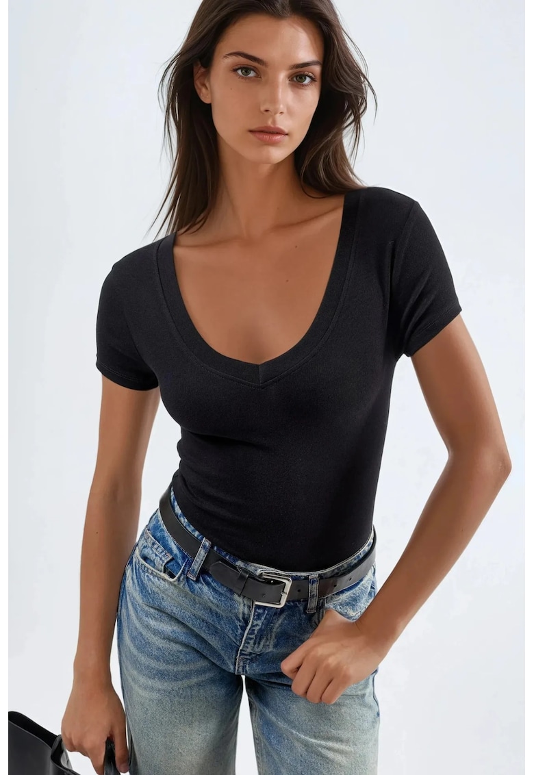 Tricou dama elastic - guler in V - negru - jerseu
