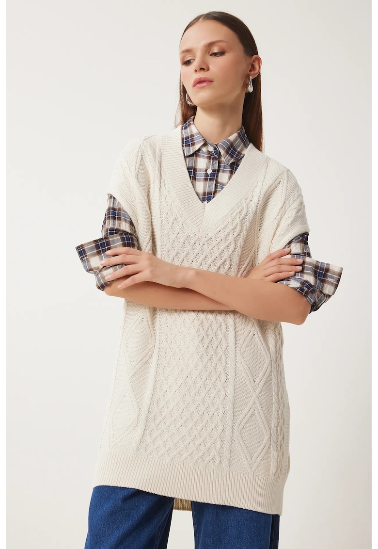 Pulover vesta dama - Happiness Istanbul - fara maneci - decolteu in V - crem natural - acril-bumbac - One Size