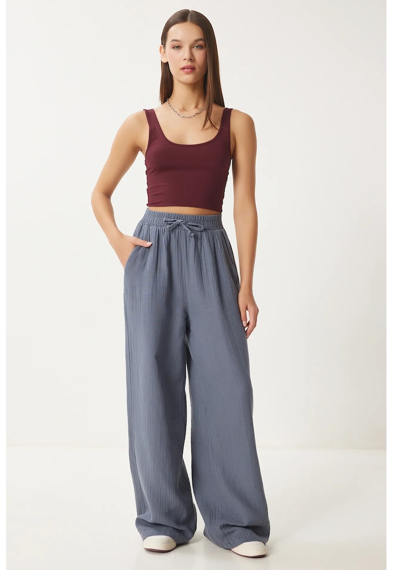 Pantaloni dama - Happiness Istanbul - talie cu snur - gri - bumbac