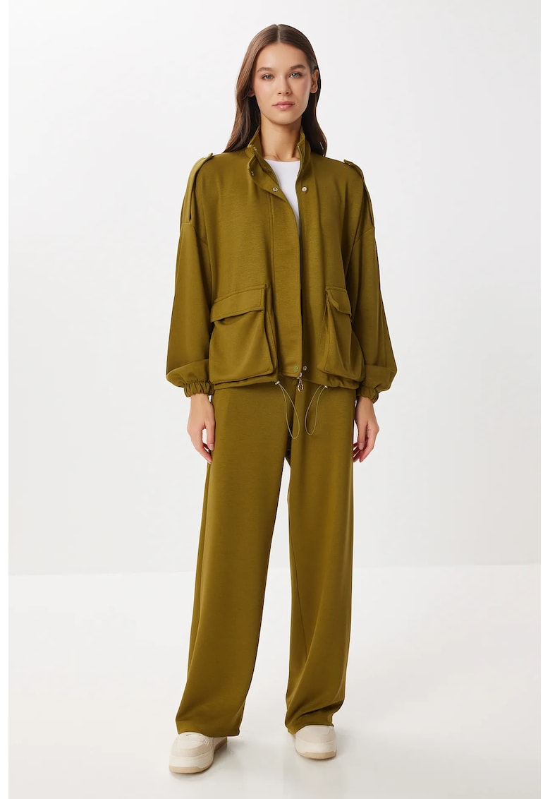 Compleu dama - Happiness Istanbul - set din doua piese - jacheta cu maneca lunga si pantaloni largi - verde masliniu - tricot