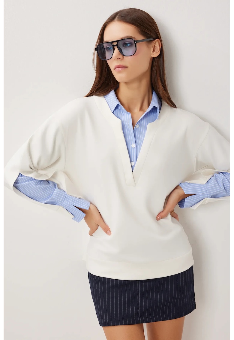 Hanorac dama - Happiness Istanbul - Relaxed Fit - decolteu in V - Stone Natural - textil