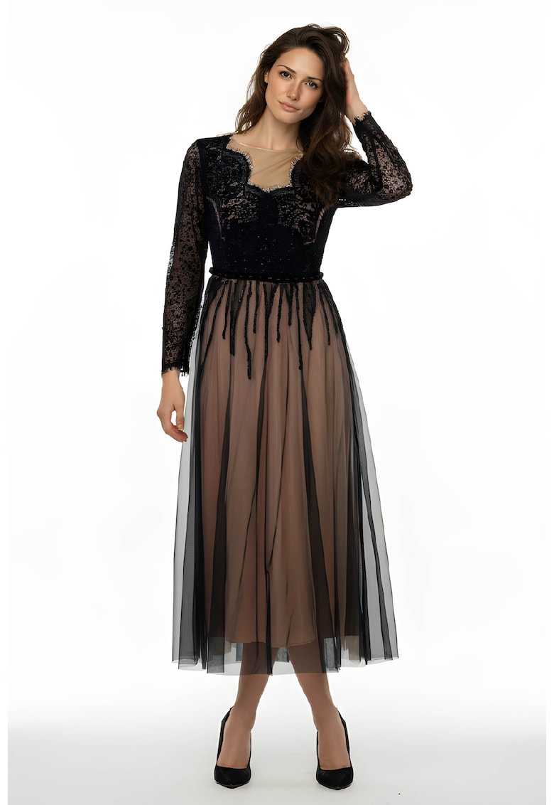 Rochie midi cu broderie si margele aplicate Evita - Negru/Bej