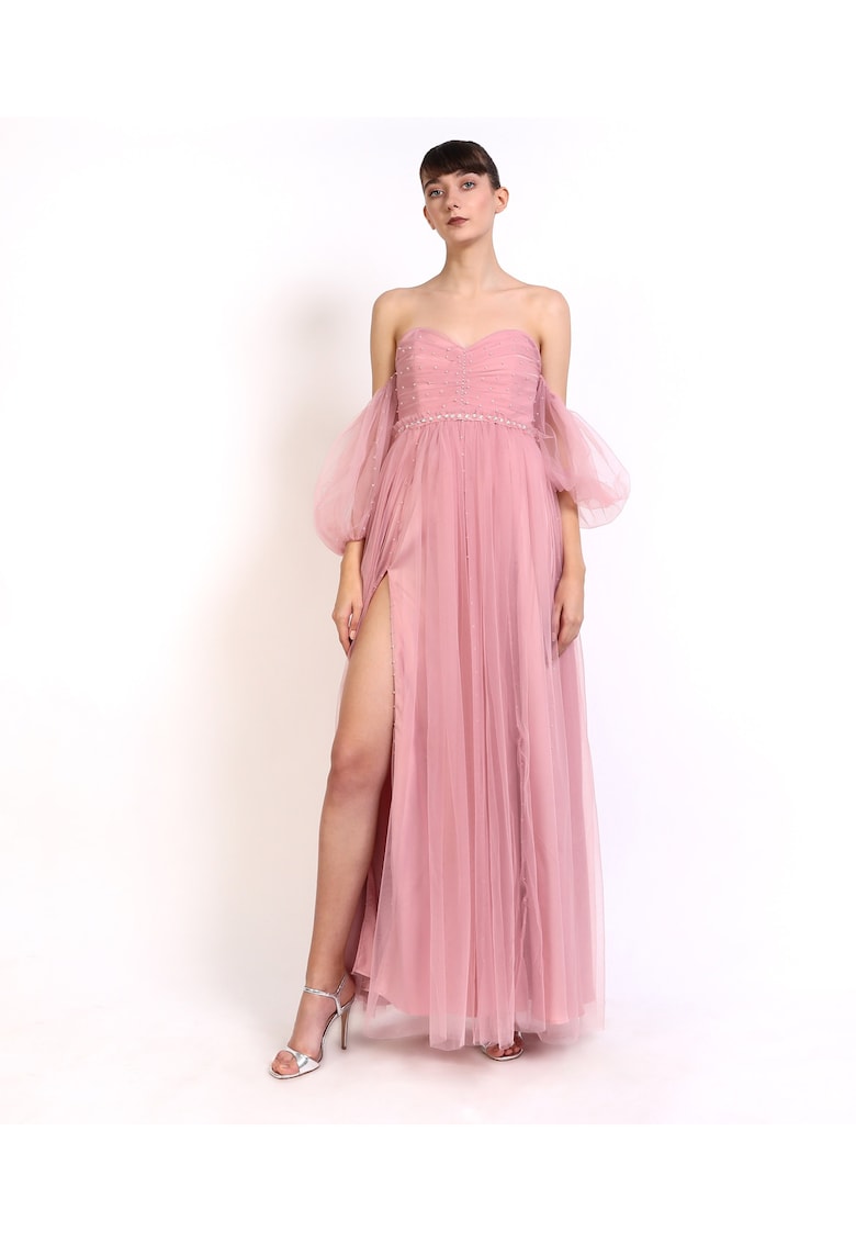 Rochie maxi din tul cu cristale aplicate Letizia - Roz pudrat
