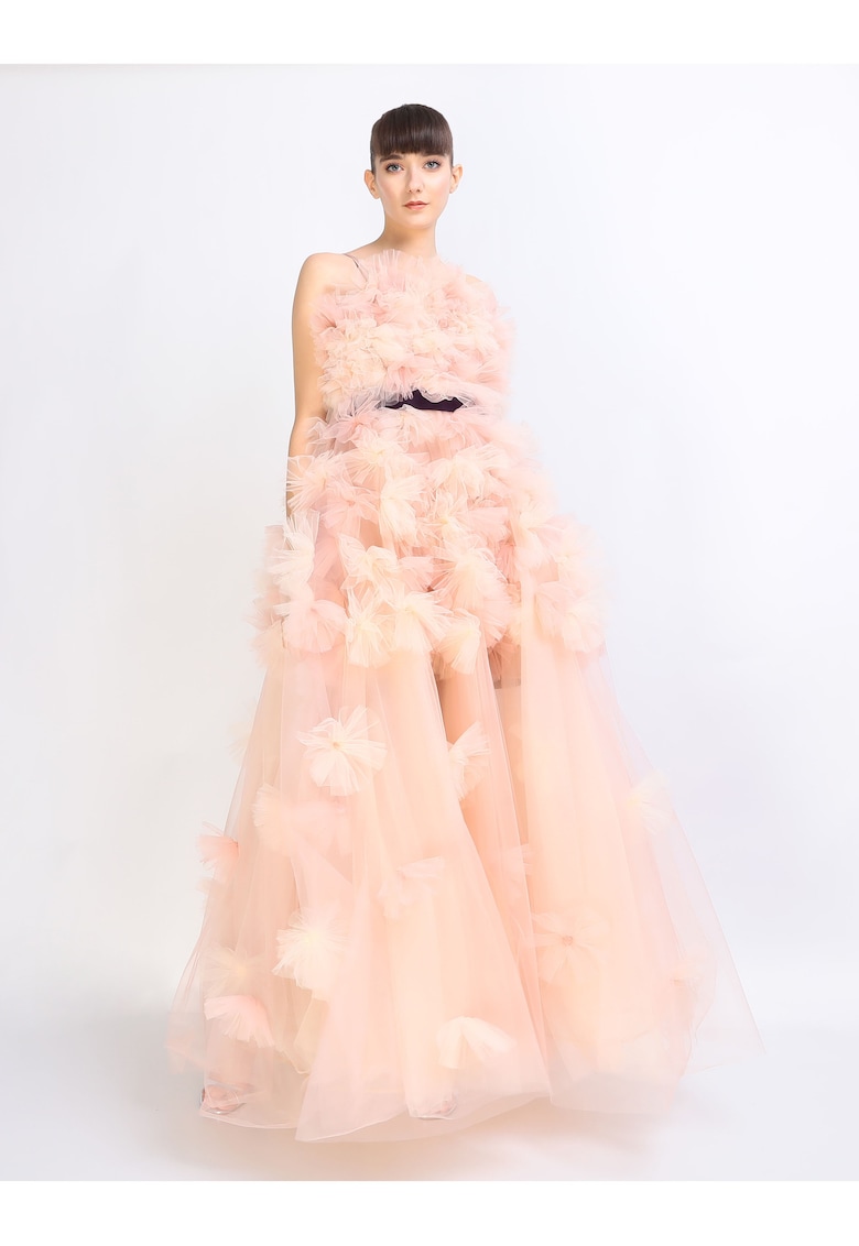 Rochie maxi cu aplicatii cu floare din tul Juliette - Roz pudrat
