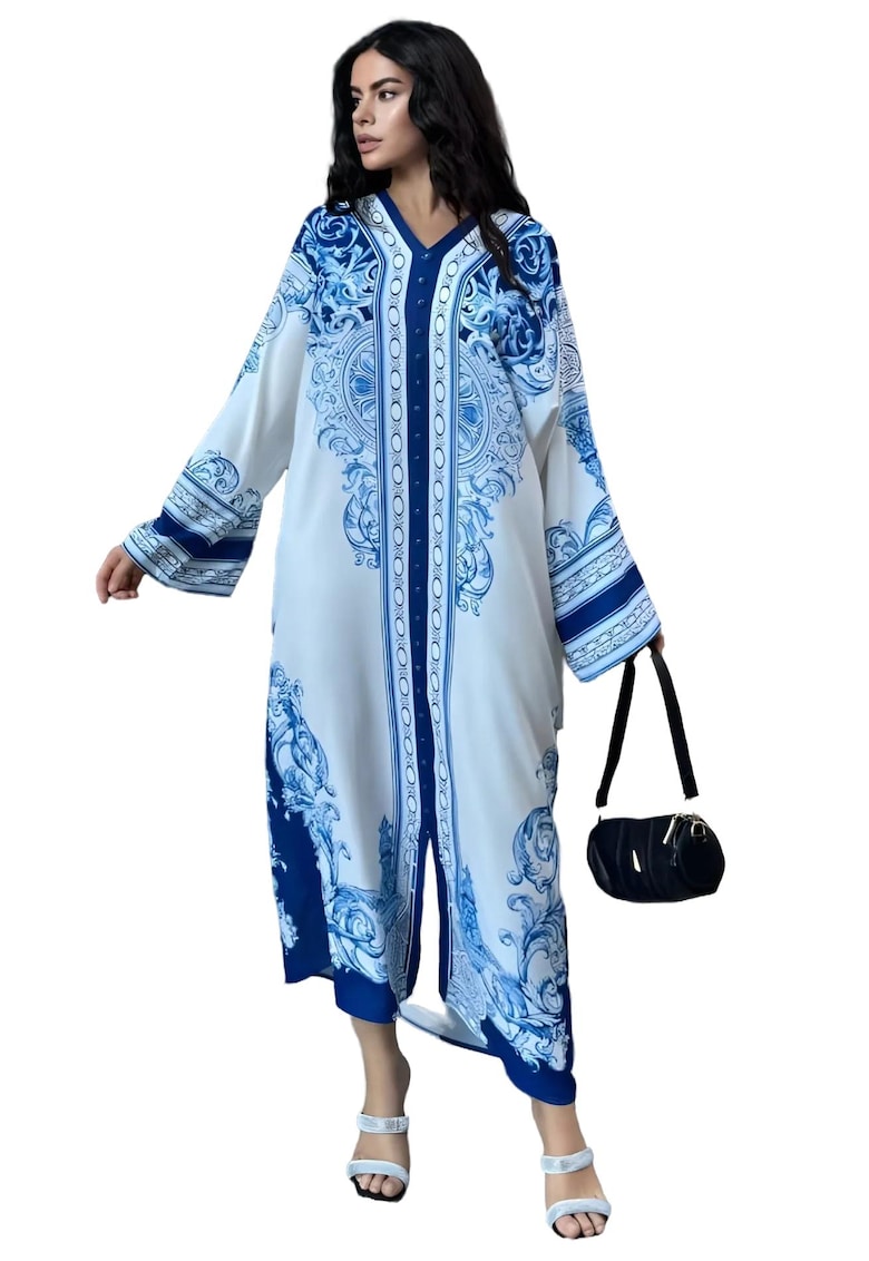 Rochie maxi - imprimata - albastru - poliester-bumbac-lycra